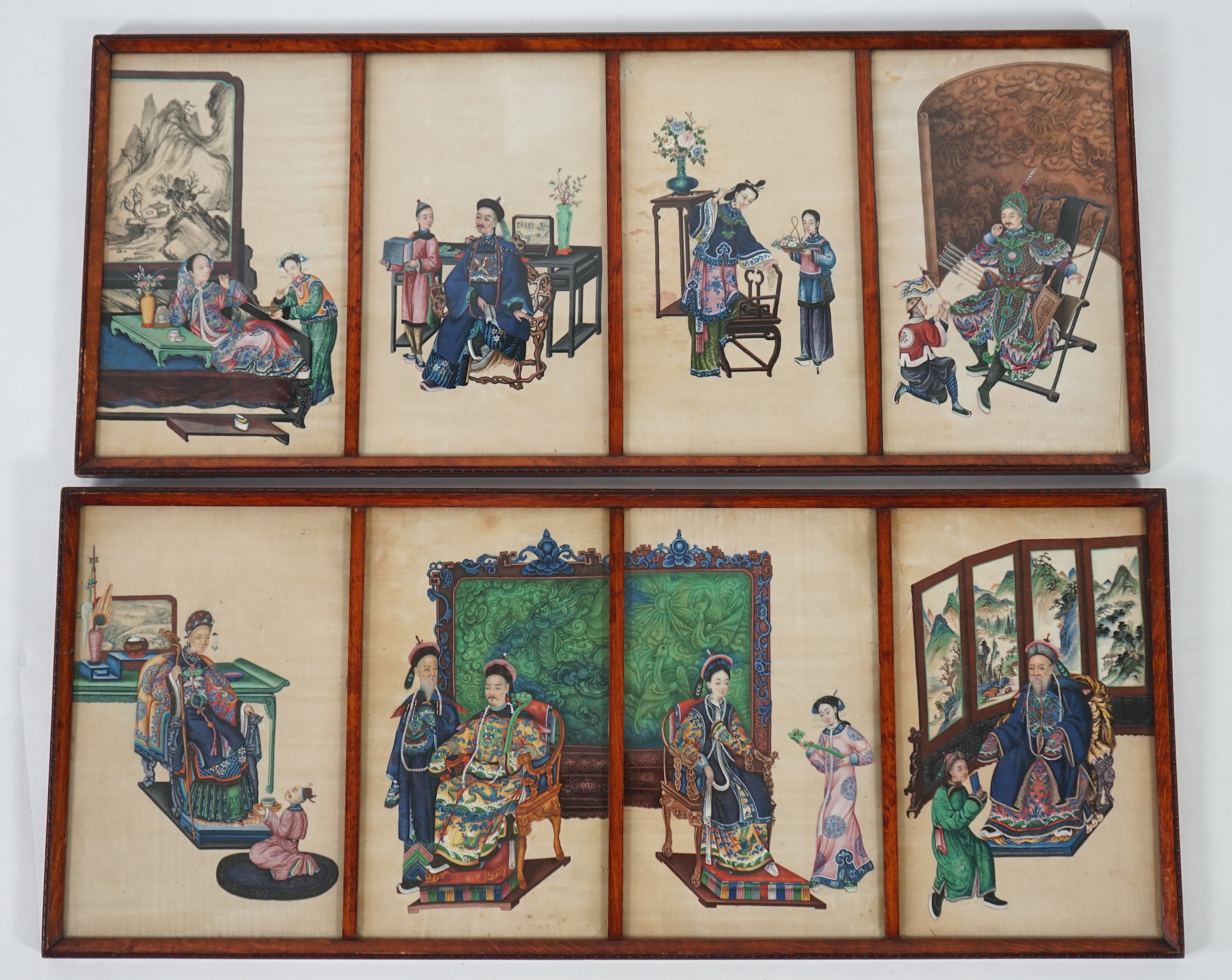 A set of eight Chinese pith paintings of an emperor and empress, court dignitaries and attendants, mid 19th century